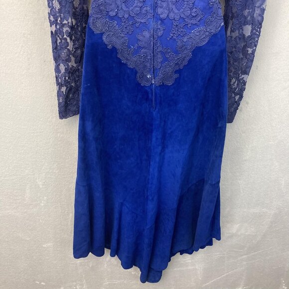 Vintage 80s Handmade Lace Beaded Midi Dress Womens 6 Blue Sequins Suede Regency - Picture 16 of 16